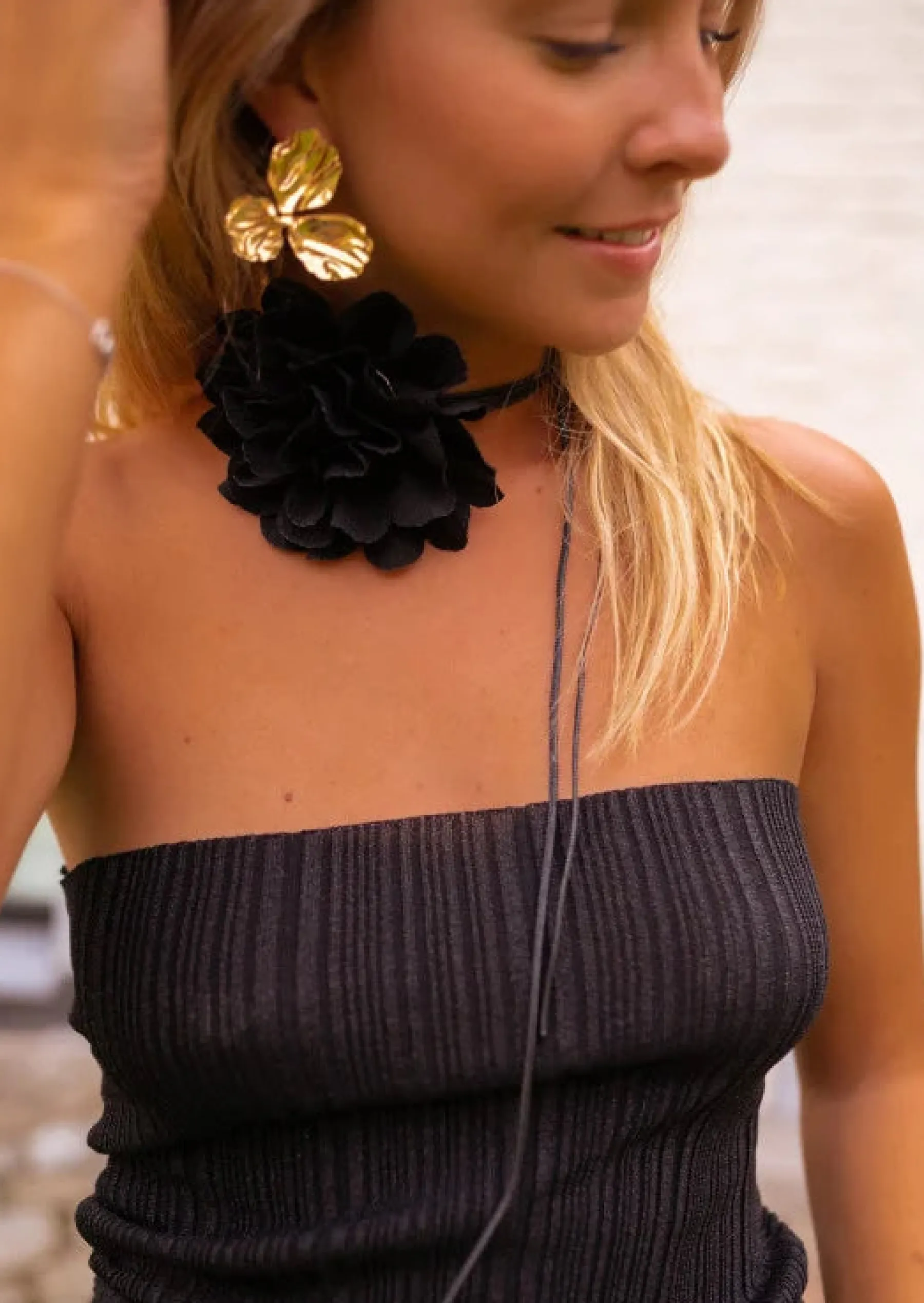 Colliers-EASY-CLOTHES Collier Jovana - Fleur Noire - Corde NoireEasy Clothes Noir
