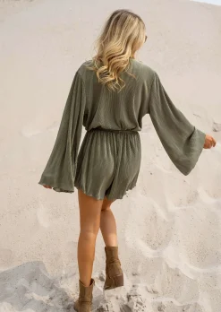Combinaisons-EASY-CLOTHES Combinaison Short - Camille - Kaki - Fluide - Made In ItalyEasy Clothes Kaki