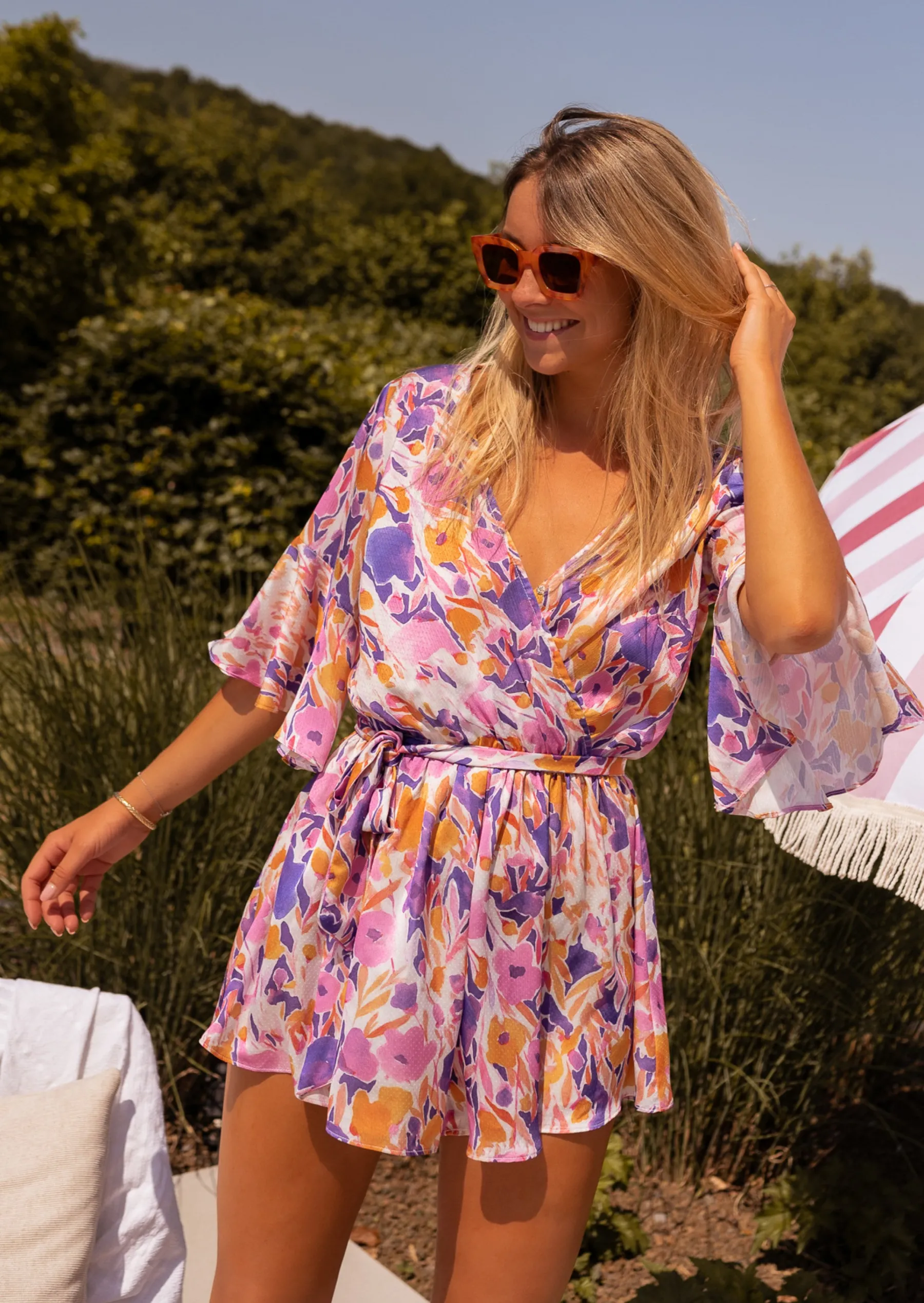 Combinaisons-EASY-CLOTHES Combi-short Basma mauve à fleurs | Combi-short cache-coeur | Prêt-à-porter en ligne | Easy Clothes Mauve à fleurs