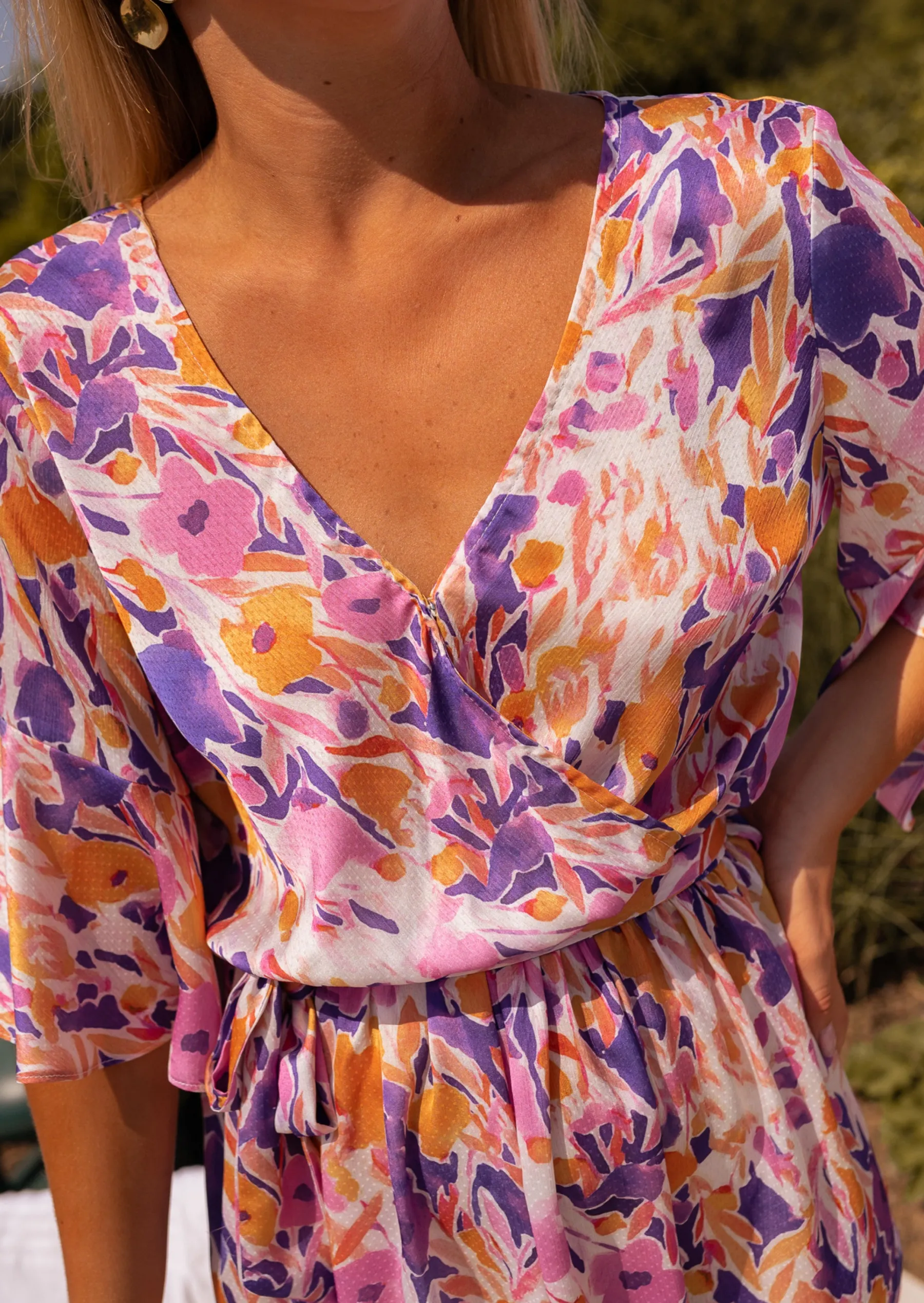 Combinaisons-EASY-CLOTHES Combi-short Basma mauve à fleurs | Combi-short cache-coeur | Prêt-à-porter en ligne | Easy Clothes Mauve à fleurs