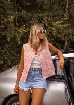 Pulls & Gilets-EASY-CLOTHES Gilet Benips - Sans Manche - Rose à Fleurs - Matière DouceEasy Clothes Rose à fleurs       