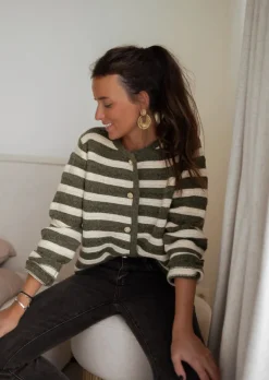 Pulls & Gilets-EASY-CLOTHES Gilet Bruce - Lignes Kakis & Beiges - Boutons Dorés DétachablesEasy Clothes Kaki       