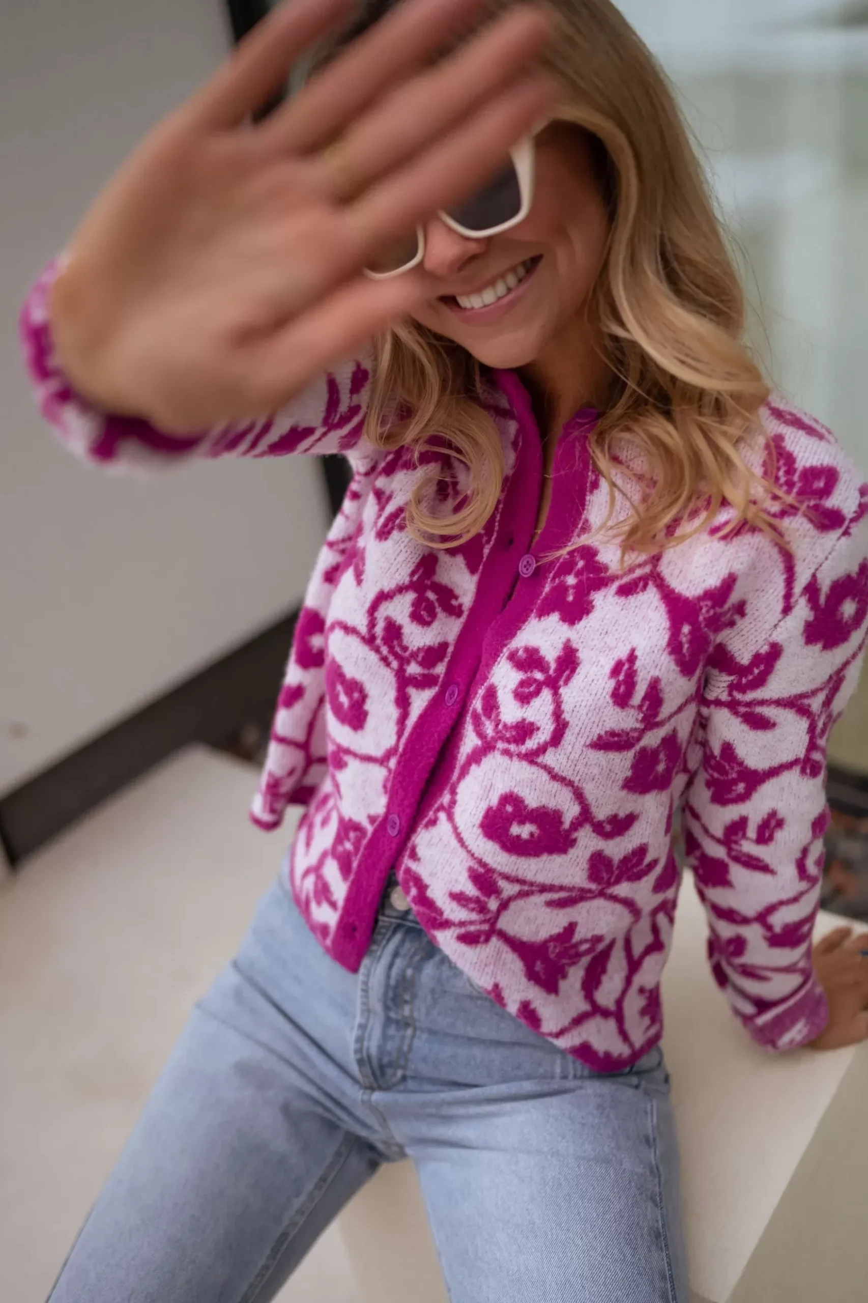 Pulls & Gilets-EASY-CLOTHES Gilet Daisy à fleurs - roseEasy Clothes Rose