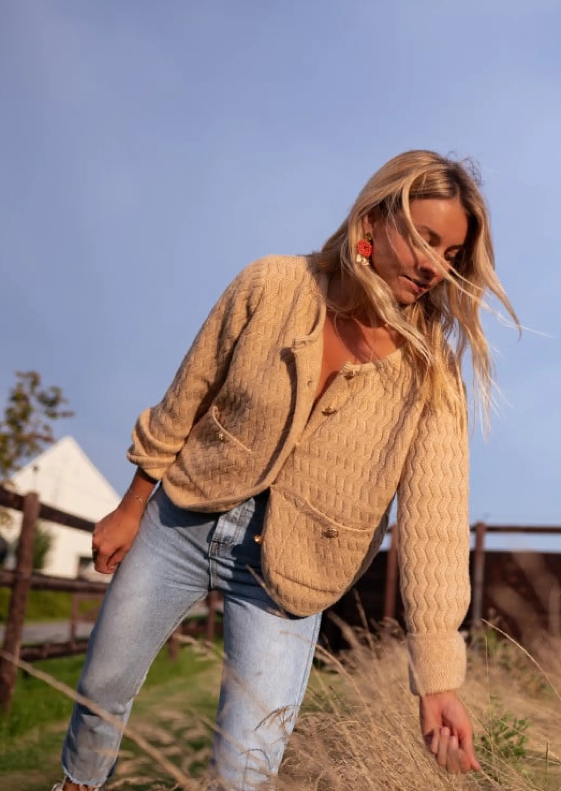 Pulls & Gilets-EASY-CLOTHES Gilet Elsa Camel - Longues Manches - Doux - Easy Clothes Camel