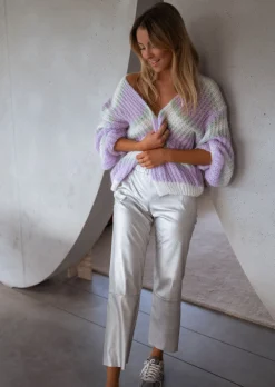 Pulls & Gilets-EASY-CLOTHES Gilet Janet mauve, écru et vert | Gilet Bernadette ligné | Prêt-à-porter en ligne | Easy Clothes Mauve, écru et vert