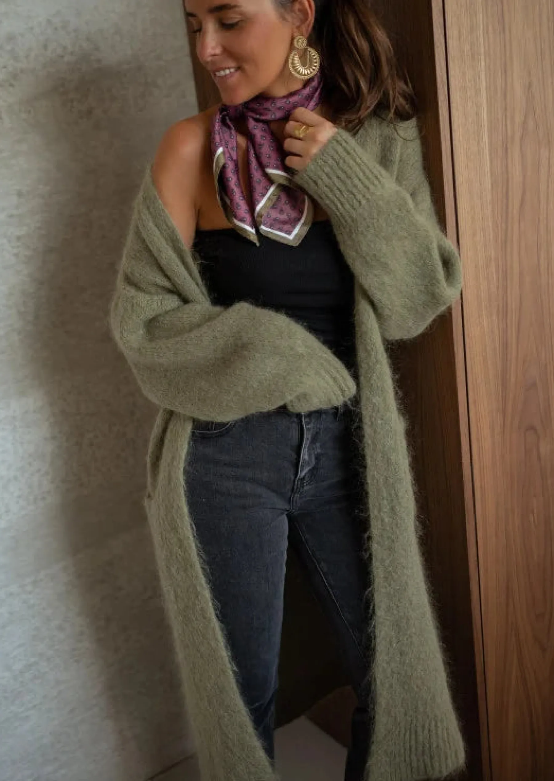 Pulls & Gilets-EASY-CLOTHES Gilet Pelly - Kaki - Long & Loose - Avec PochesEasy Clothes Kaki