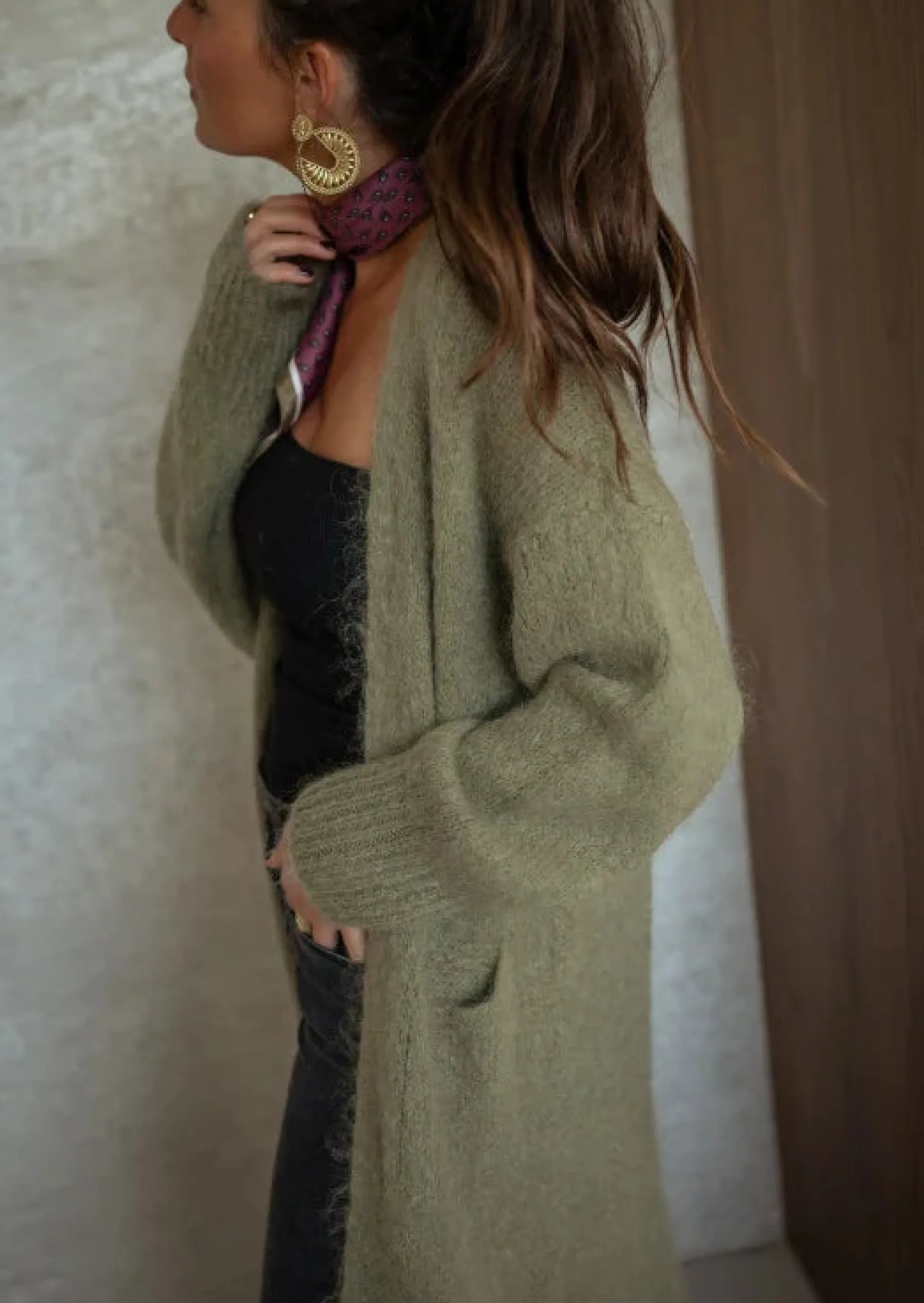 Pulls & Gilets-EASY-CLOTHES Gilet Pelly - Kaki - Long & Loose - Avec PochesEasy Clothes Kaki