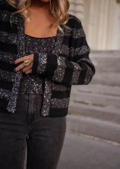 Pulls & Gilets-EASY-CLOTHES Gilet Pimpa Noir - Paillettes Argentées - Easy Clothes Noir       