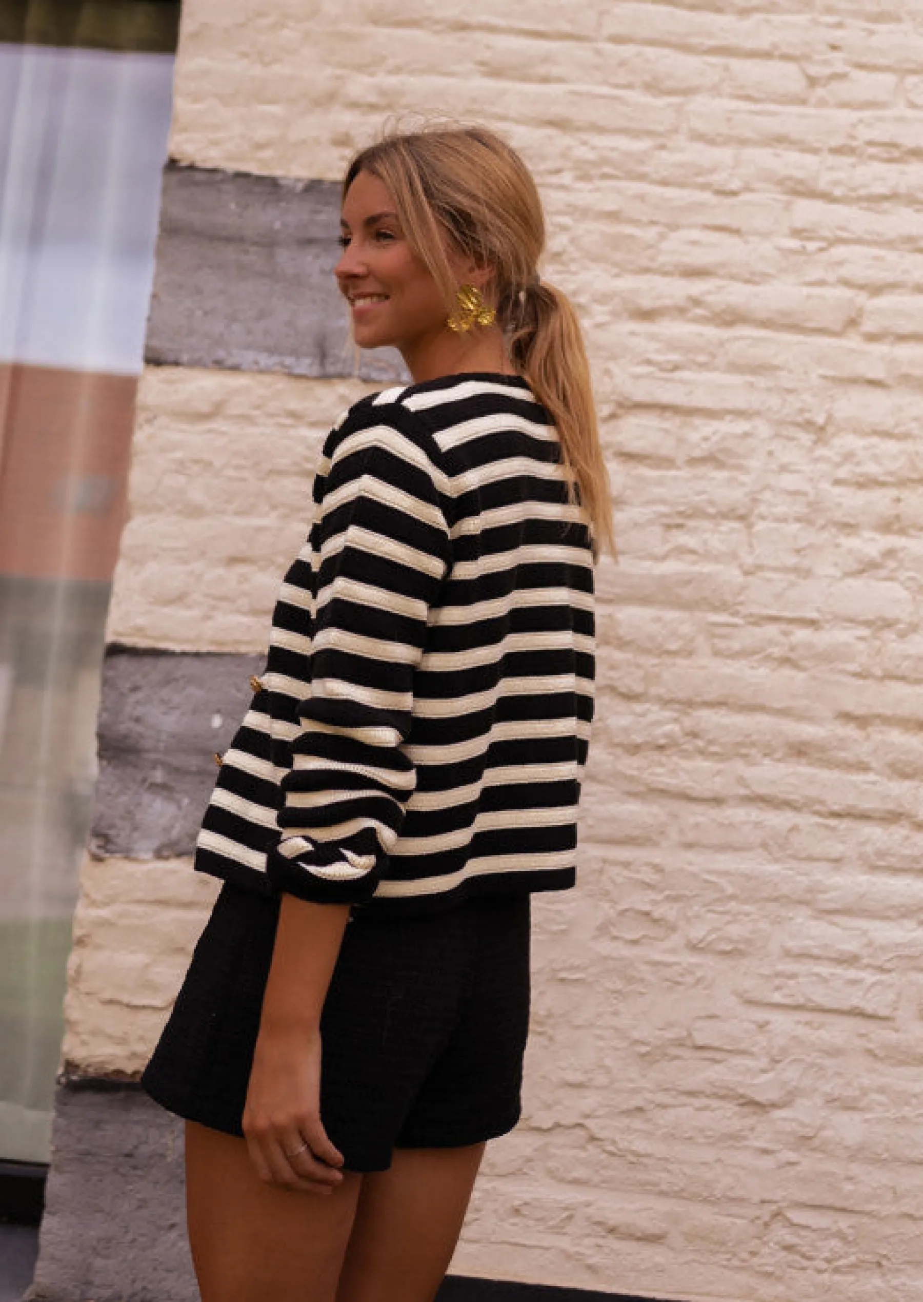 Pulls & Gilets-EASY-CLOTHES Gilet Tiago - À Lignes - Noir & Écru - Vêtements FemmeEasy Clothes À lignes