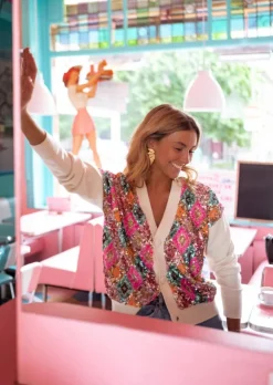 Pulls & Gilets-EASY-CLOTHES Gilet Vito - Paillettes Multicolores - Couleur ÉcrueEasy Clothes Écru à paillettes multicolores