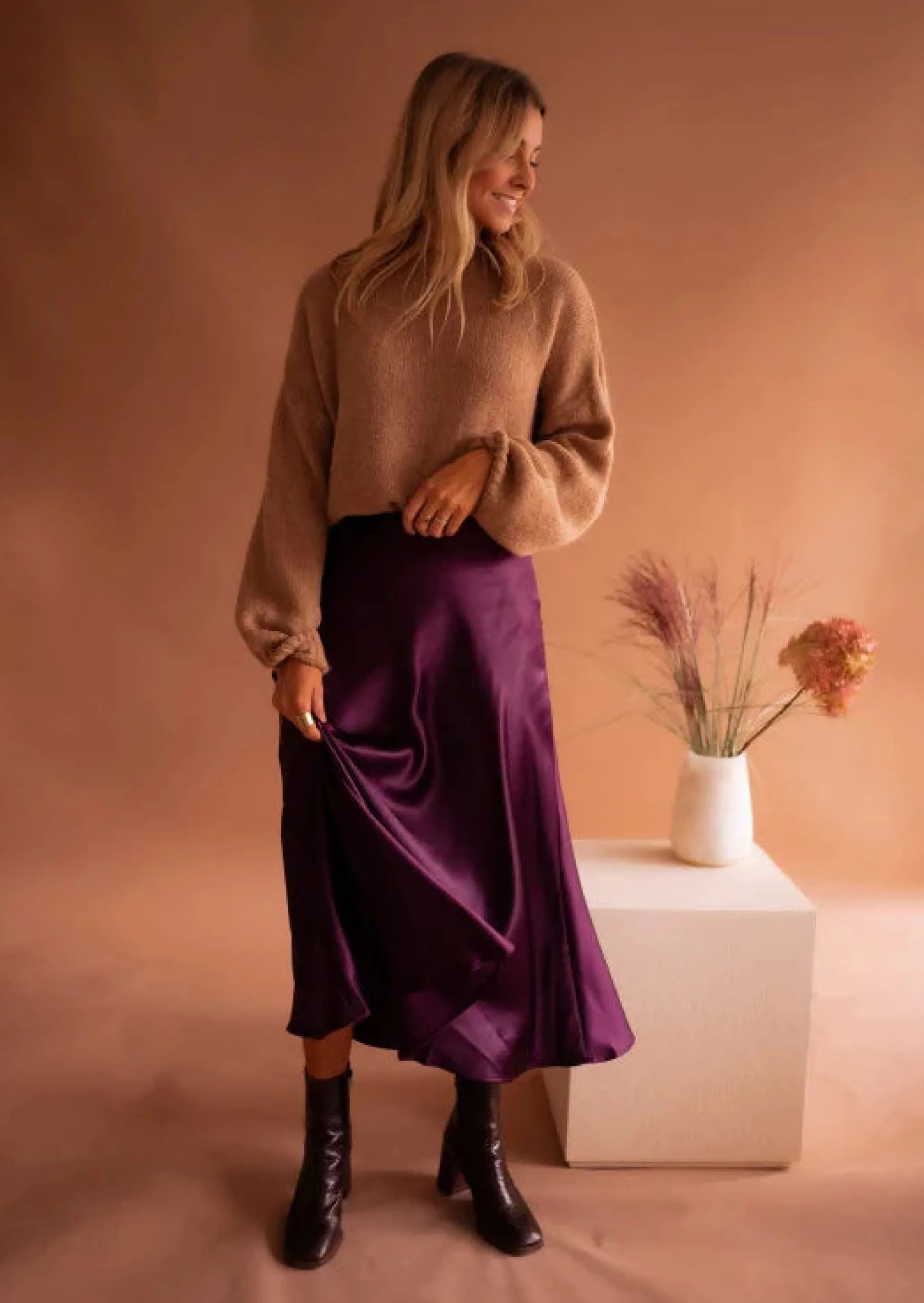 Jupes & Shorts-EASY-CLOTHES Jupe Longue Elenore - Prune - Effet SoieEasy Clothes Prune