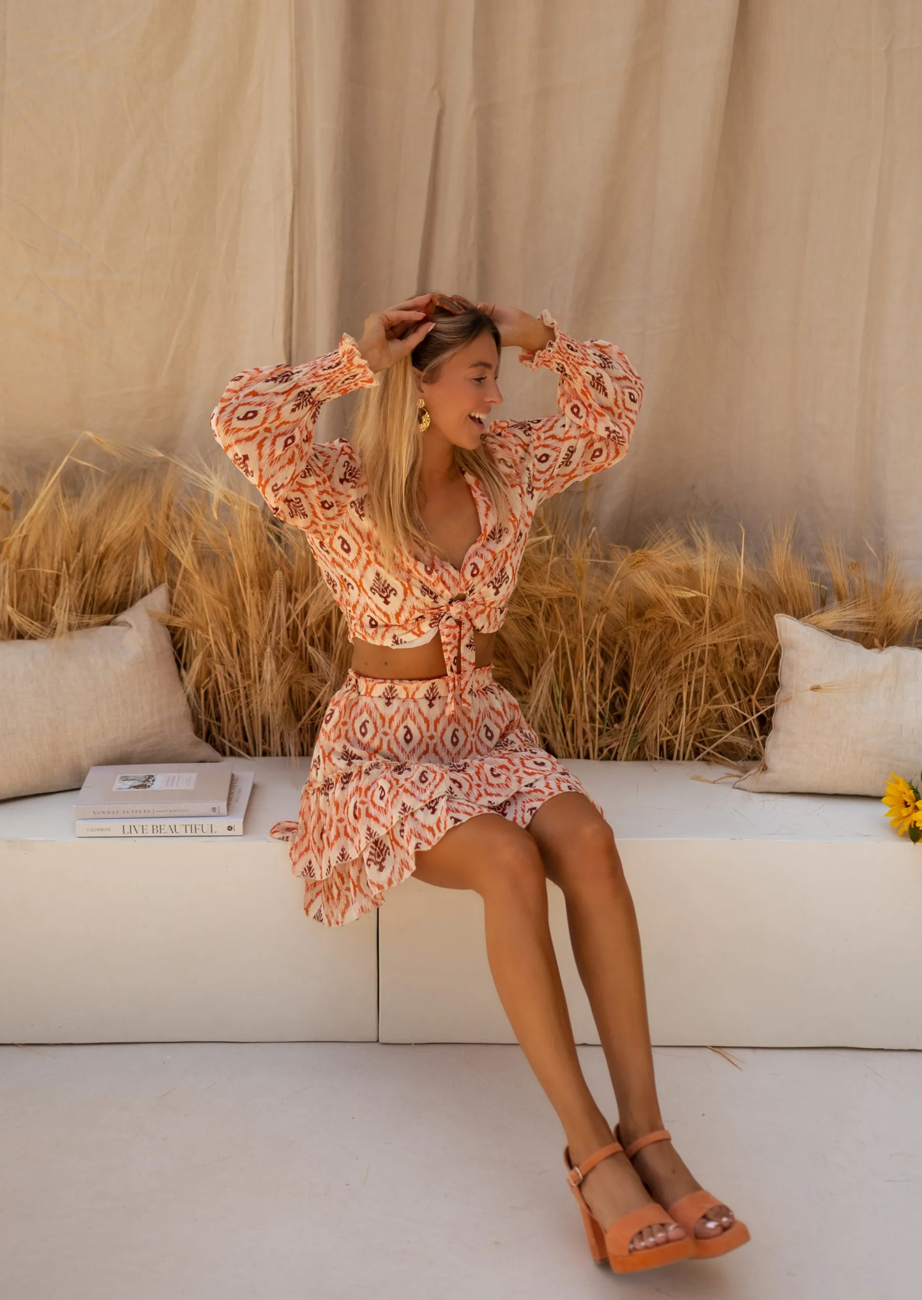Jupes & Shorts-EASY-CLOTHES Jupe Lush à Motifs | Orange & Brune | Vêtements Femme | Easy Clothes Orange et brune à motifs