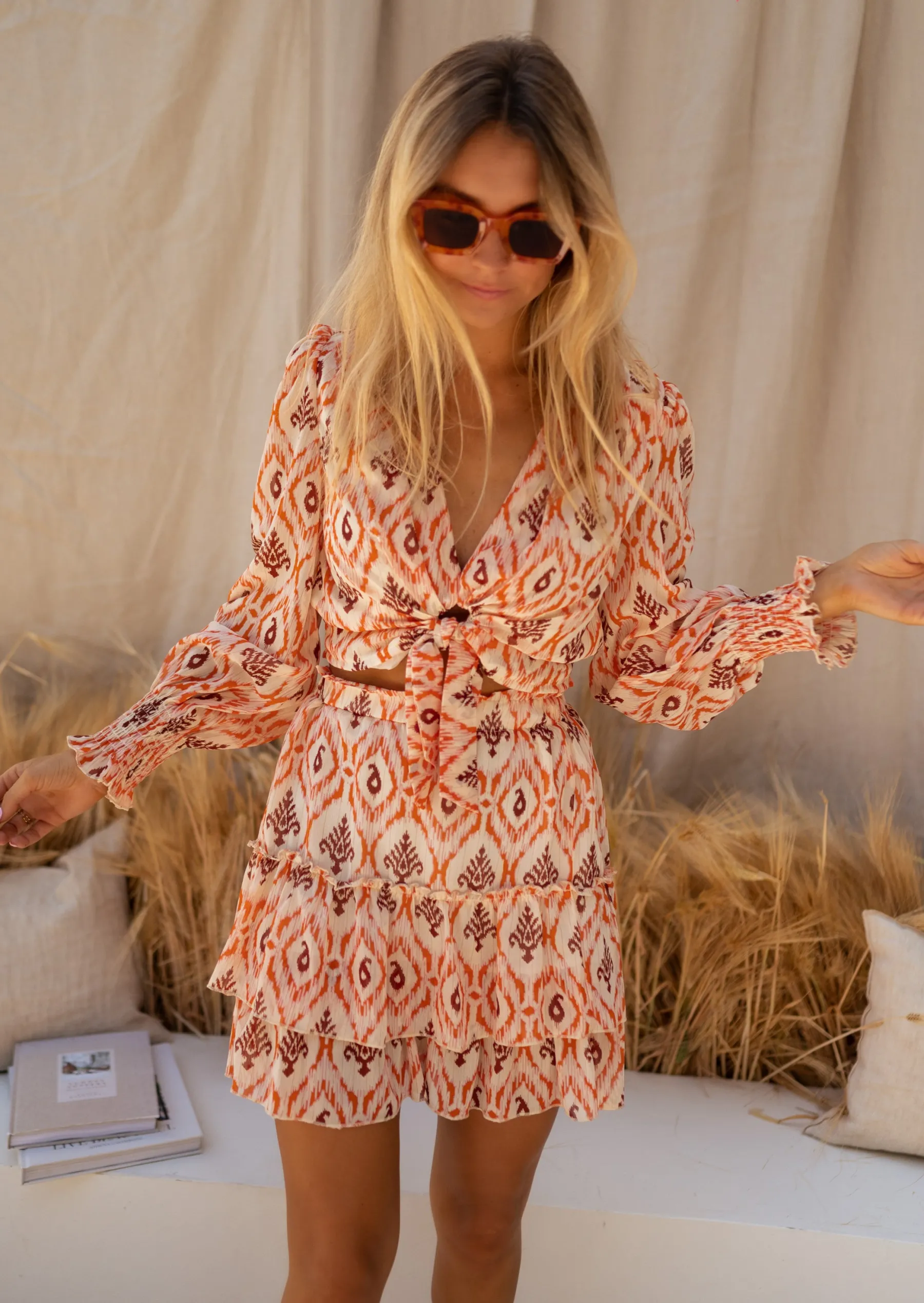 Jupes & Shorts-EASY-CLOTHES Jupe Lush à Motifs | Orange & Brune | Vêtements Femme | Easy Clothes Orange et brune à motifs