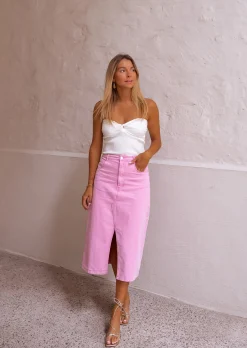 Jupes & Shorts-EASY-CLOTHES Jupe Perdita - En Jeans Rose - Mi Longue - Légèrement FendueEasy Clothes Rose en jeans