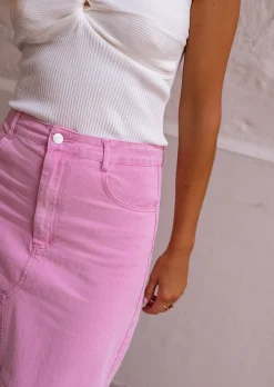 Jupes & Shorts-EASY-CLOTHES Jupe Perdita - En Jeans Rose - Mi Longue - Légèrement FendueEasy Clothes Rose en jeans