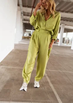 Pantalons-EASY-CLOTHES Pantalon Chandler vert olive | Pantalon large satiné | Prêt-à-porter en ligne | Easy Clothes Vert olive