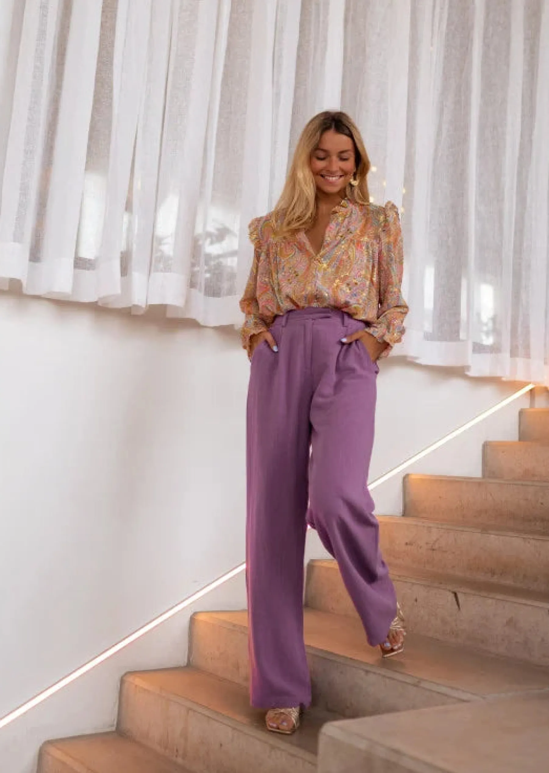 Pantalons-EASY-CLOTHES Pantalon Joey mauve en lin | Pantalon large en lin | Prêt-à-porter en ligne | Easy Clothes Mauve en lin