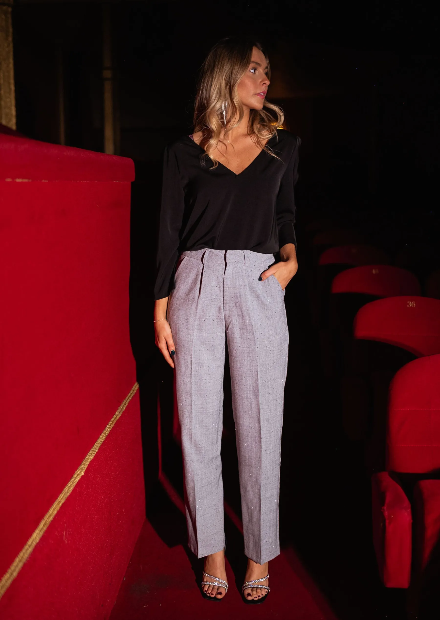 Pantalons-EASY-CLOTHES Pantalon Loan - gris à strassEasy Clothes Gris à strass