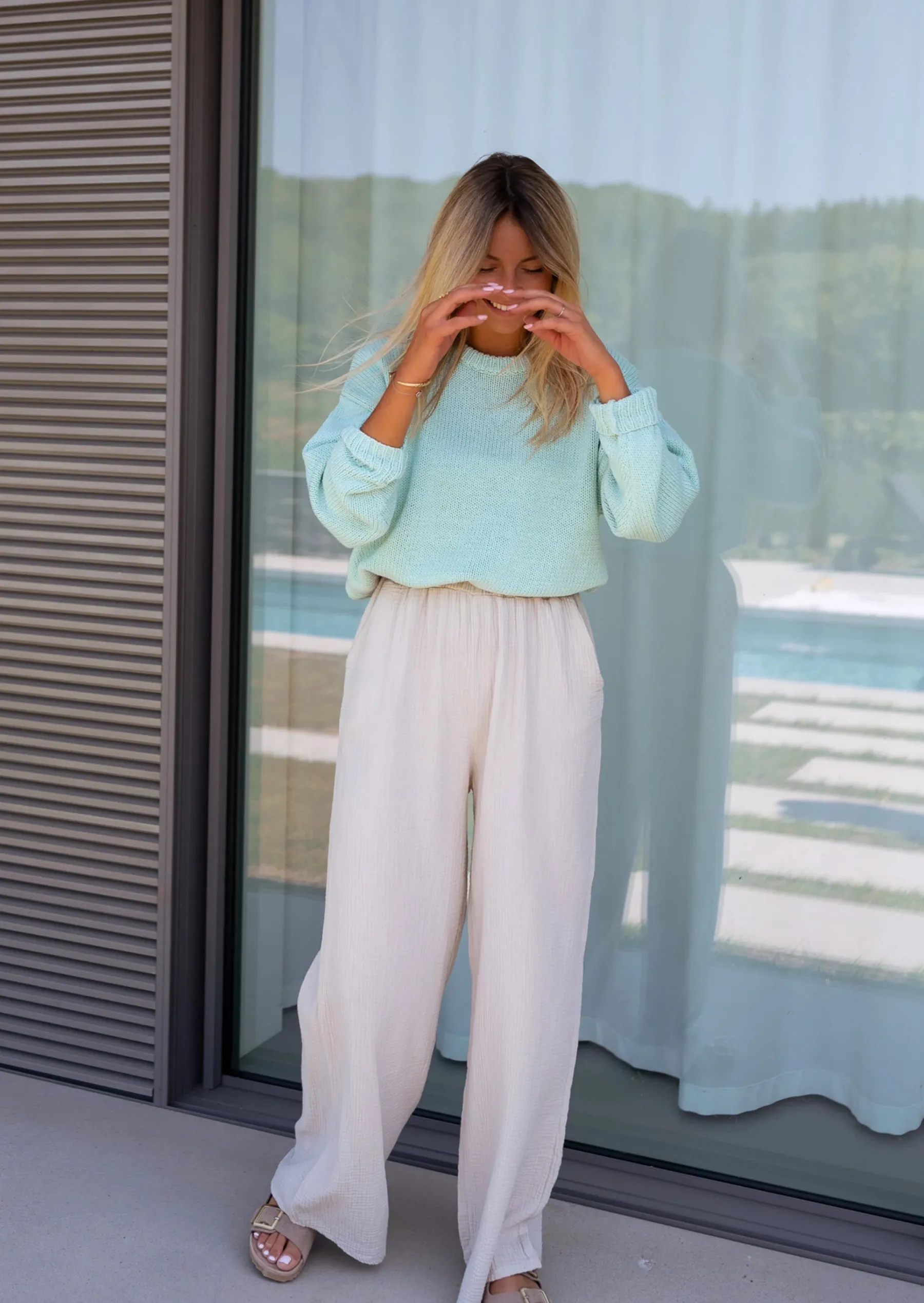 Pantalons-EASY-CLOTHES Pantalon Shiva beige en gaze de coton | Pantalon ample en coton | Prêt-à-porter en ligne | Easy Clothes Beige en gaze de coton