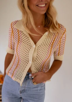 Tops & T-shirts-EASY-CLOTHES Polo Lison en crochet beige | Polo coloré | Prêt-à-porter en ligne | Easy Clothes Beige
