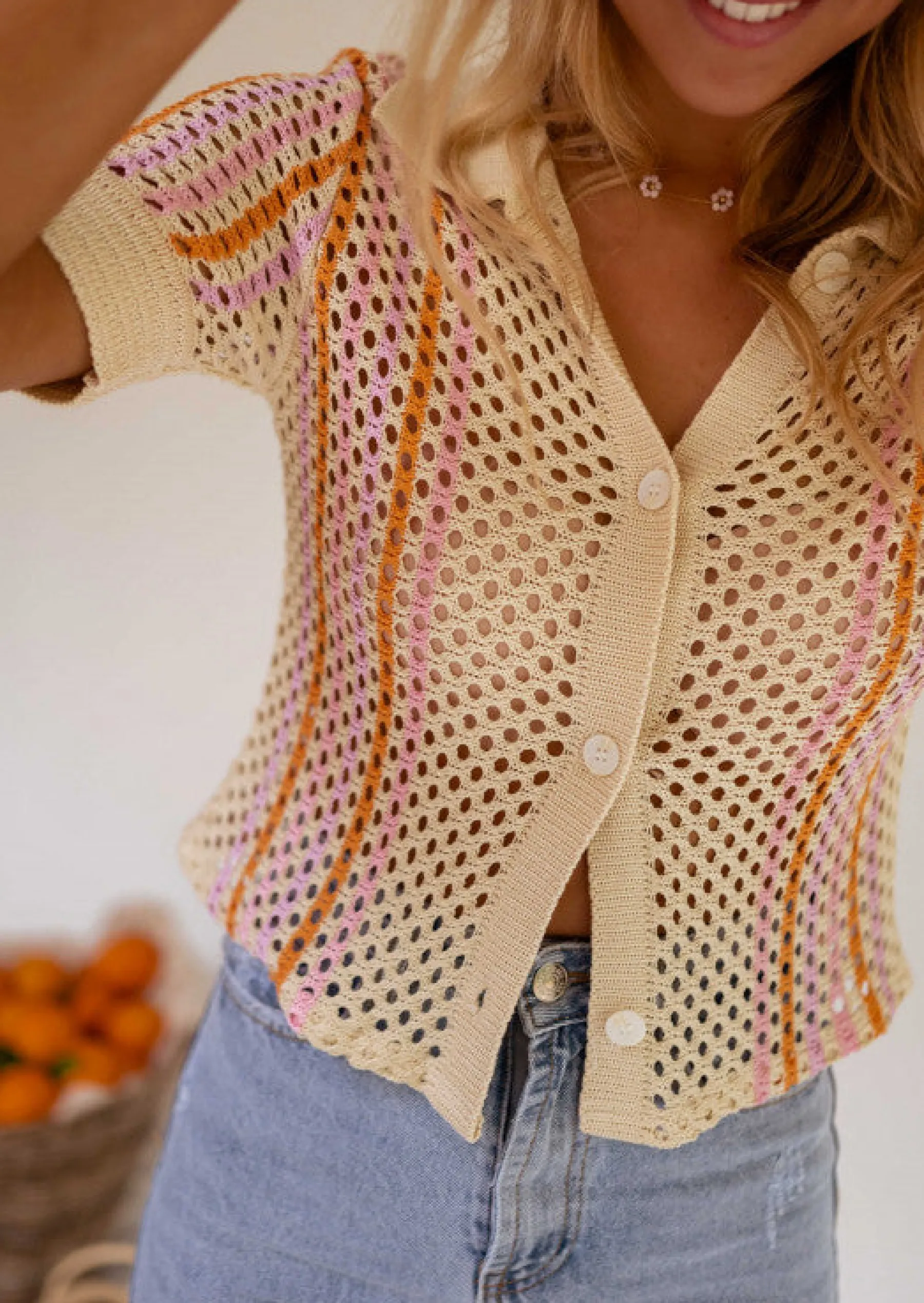 Tops & T-shirts-EASY-CLOTHES Polo Lison en crochet beige | Polo coloré | Prêt-à-porter en ligne | Easy Clothes Beige