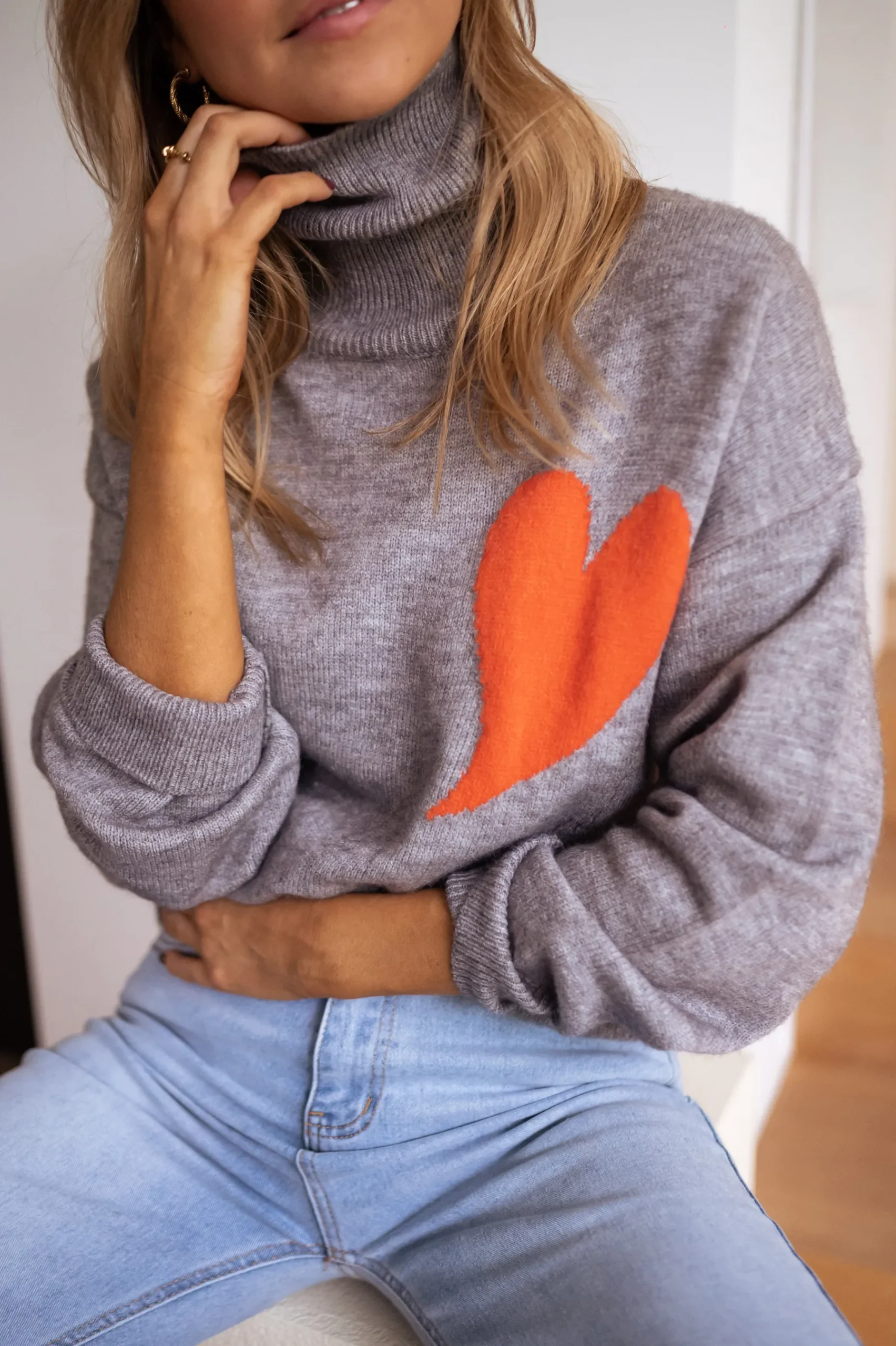 Pulls & Gilets-EASY-CLOTHES Pull - Tao - grisEasy Clothes Gris avec coeur orange