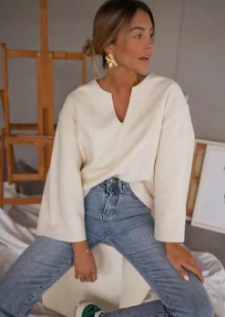 Pulls & Gilets-EASY-CLOTHES Pull Aisha Écru | Col en V | Légèrement LooseEasy Clothes Écru