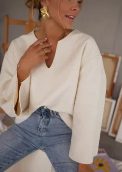 Pulls & Gilets-EASY-CLOTHES Pull Aisha Écru | Col en V | Légèrement LooseEasy Clothes Écru       