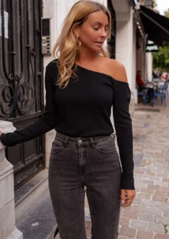 Pulls & Gilets-EASY-CLOTHES Pull Casper - Noir & Fin - Asymétrique à Manches LonguesEasy Clothes Noir       