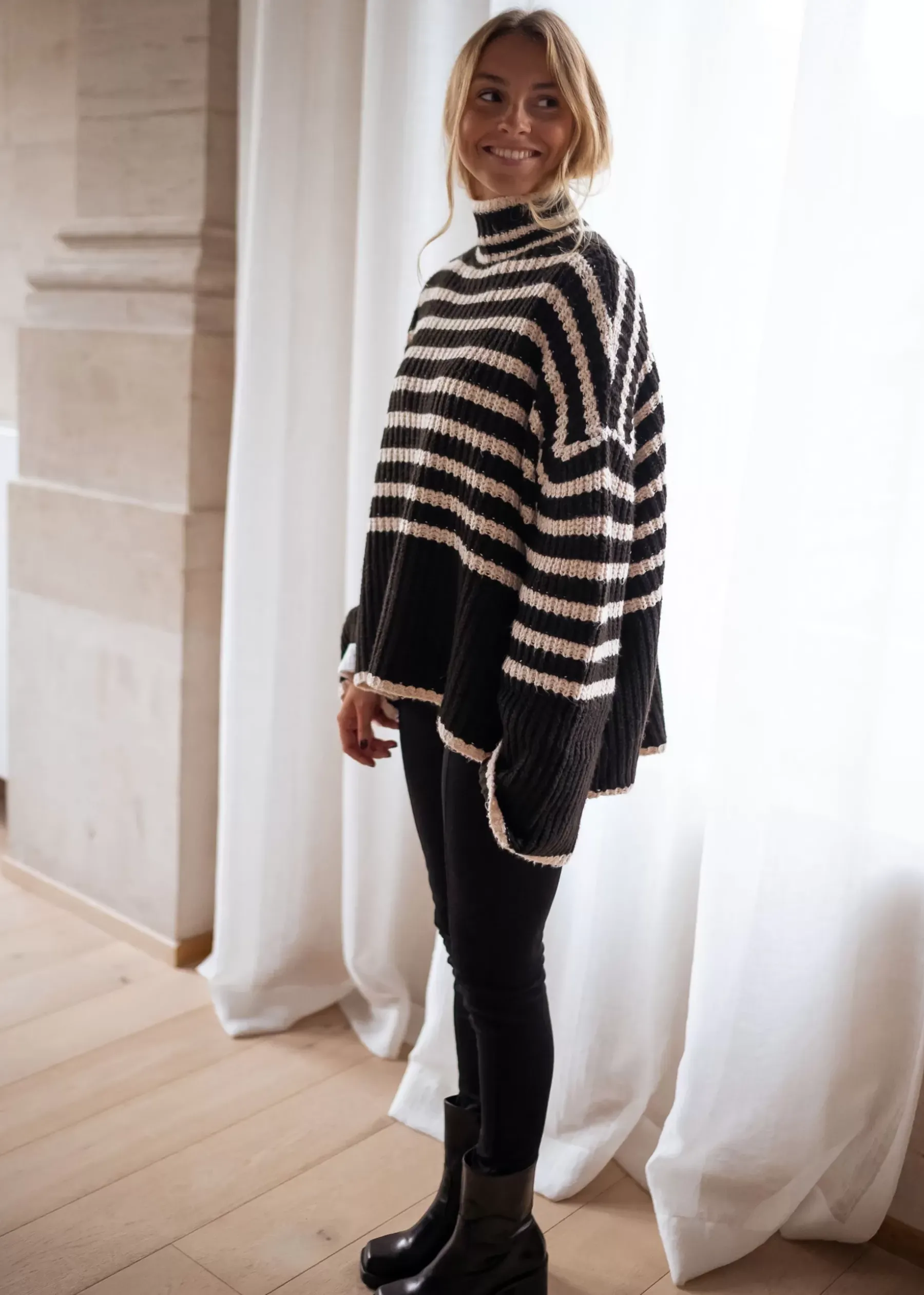 Pulls & Gilets-EASY-CLOTHES Pull Genna à lignes - noir et écruEasy Clothes Noir et écru