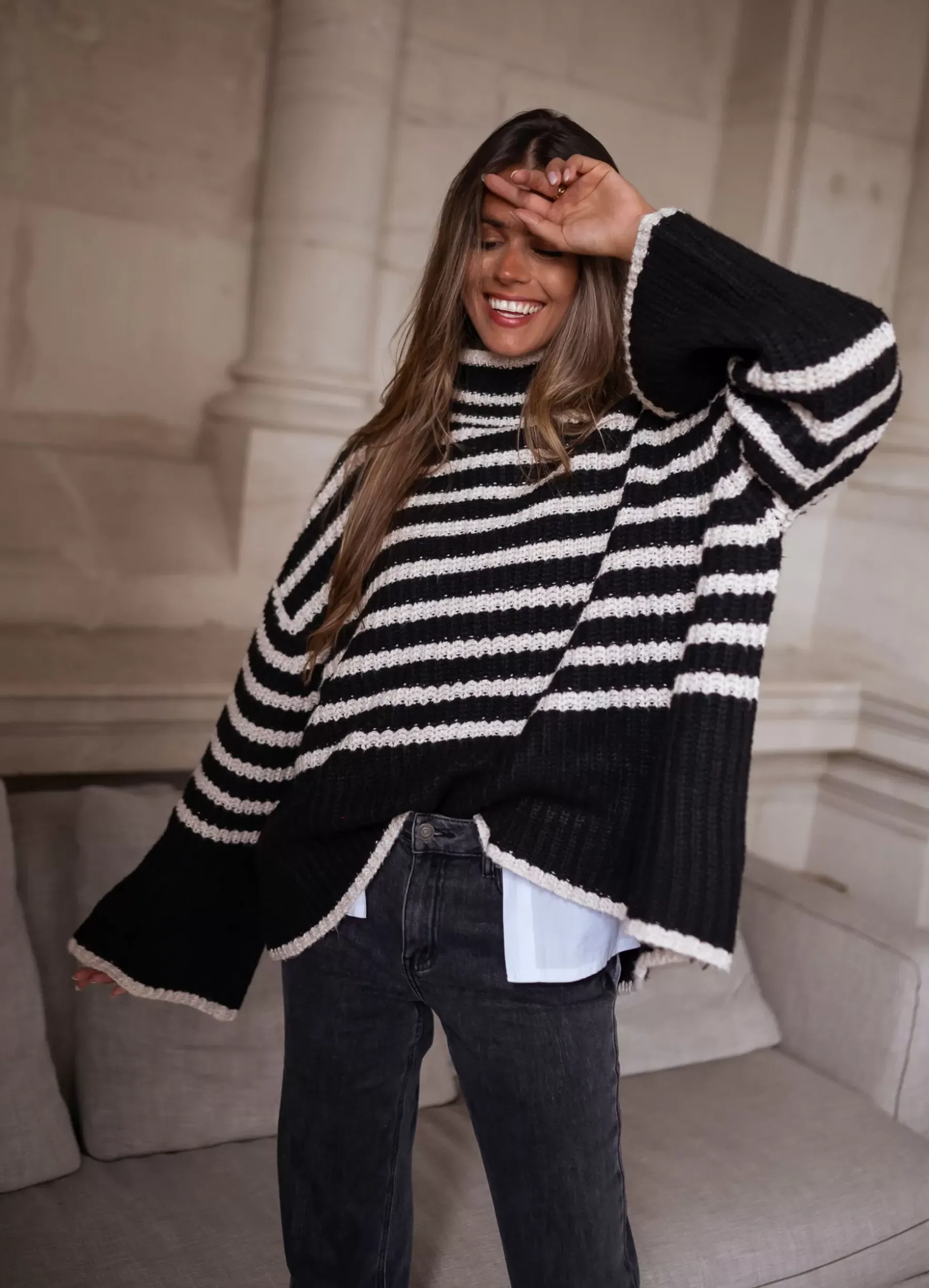 Pulls & Gilets-EASY-CLOTHES Pull Genna à lignes - noir et écruEasy Clothes Noir et écru