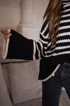 Pulls & Gilets-EASY-CLOTHES Pull Genna à lignes - noir et écruEasy Clothes Noir et écru