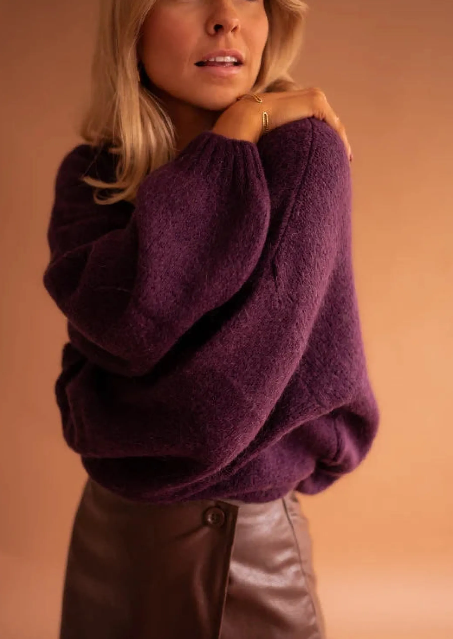 Pulls & Gilets-EASY-CLOTHES Pull Joela - Prune - Col Rond - Made In ItalyEasy Clothes Prune