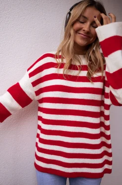 Pulls & Gilets-EASY-CLOTHES Pull Larry - Écru à lignes rougesEasy Clothes Écru à lignes rouges