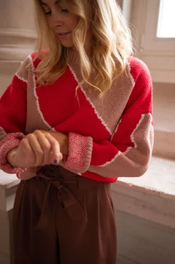 Pulls & Gilets-EASY-CLOTHES Pull Maleka - rouge et vieux roseEasy Clothes Rouge et vieux rose       