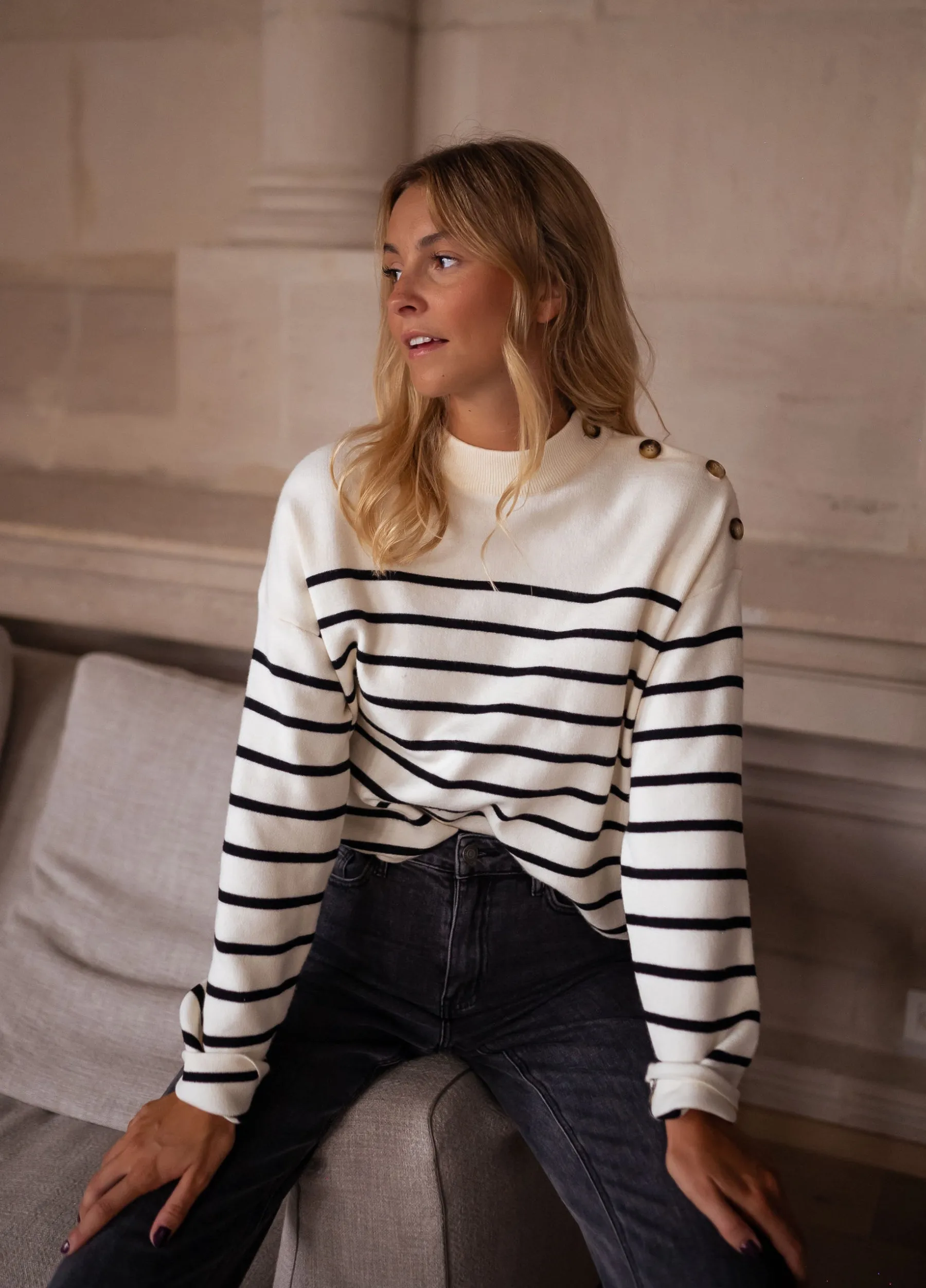 Pulls & Gilets-EASY-CLOTHES Pull Manou à lignes - écru et noirEasy Clothes Écru et noir