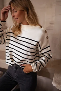Pulls & Gilets-EASY-CLOTHES Pull Manou à lignes - écru et noirEasy Clothes Écru et noir