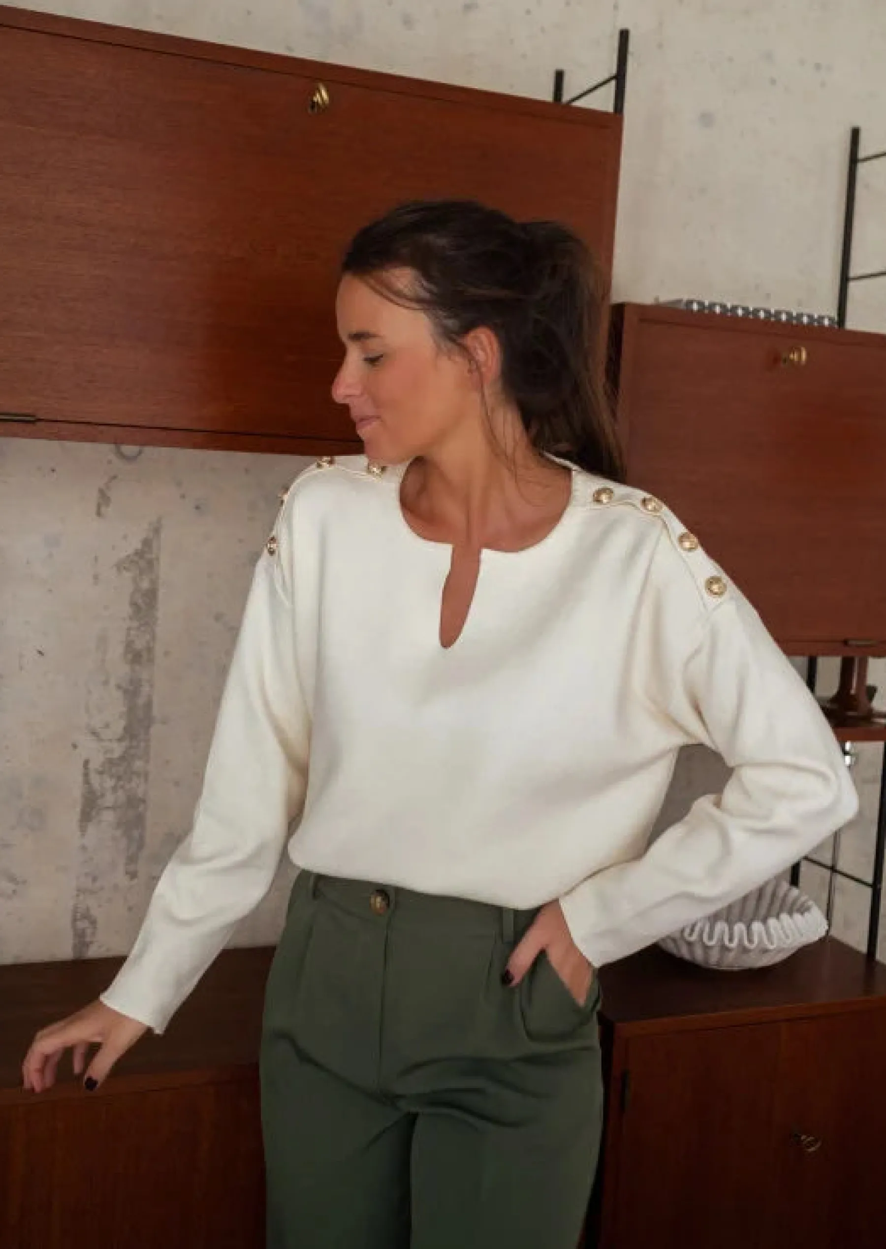 Pulls & Gilets-EASY-CLOTHES Pull Marion - Écru - Boutons Aux Épaules - Coupe DroiteEasy Clothes Écru