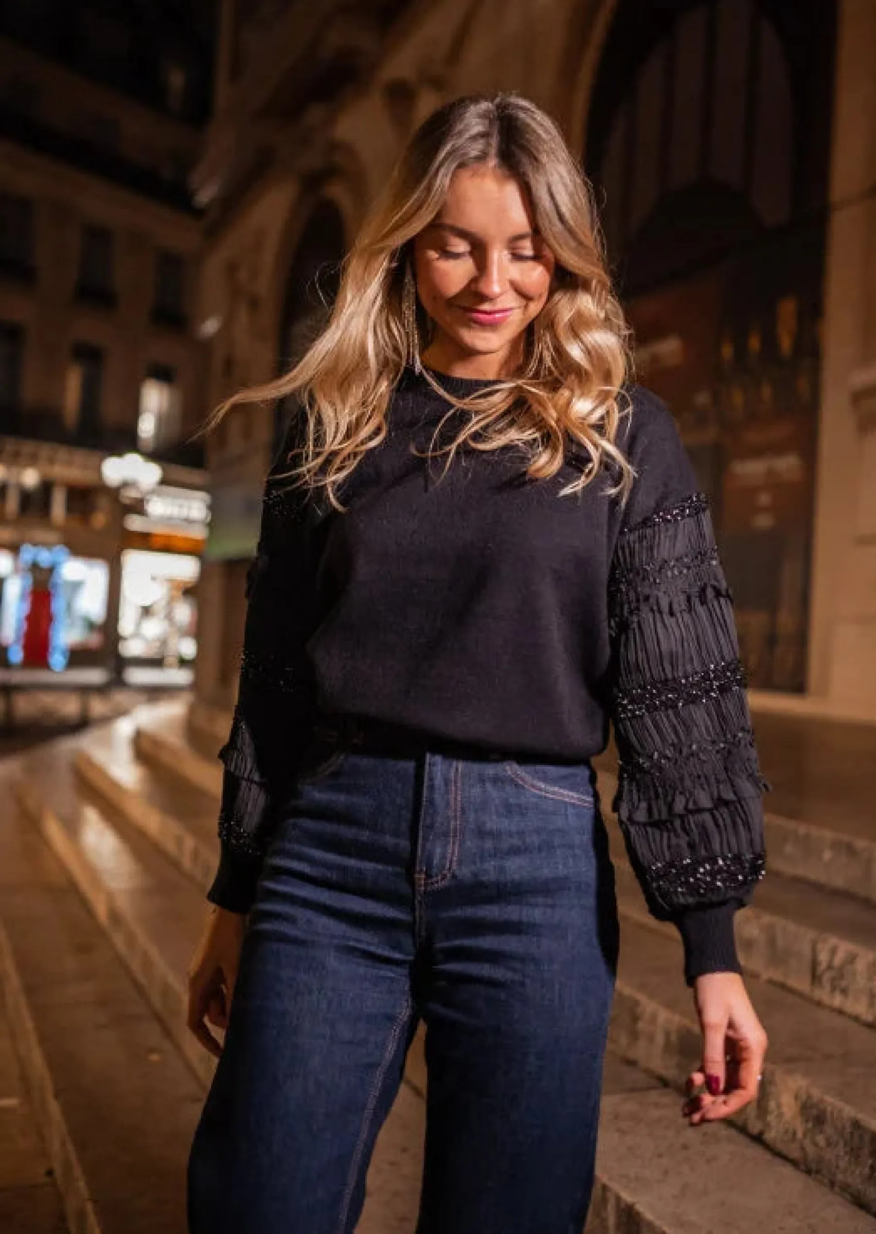 Pulls & Gilets-EASY-CLOTHES Pull Noir - Davia - Manches PaillettesEasy Clothes Noir