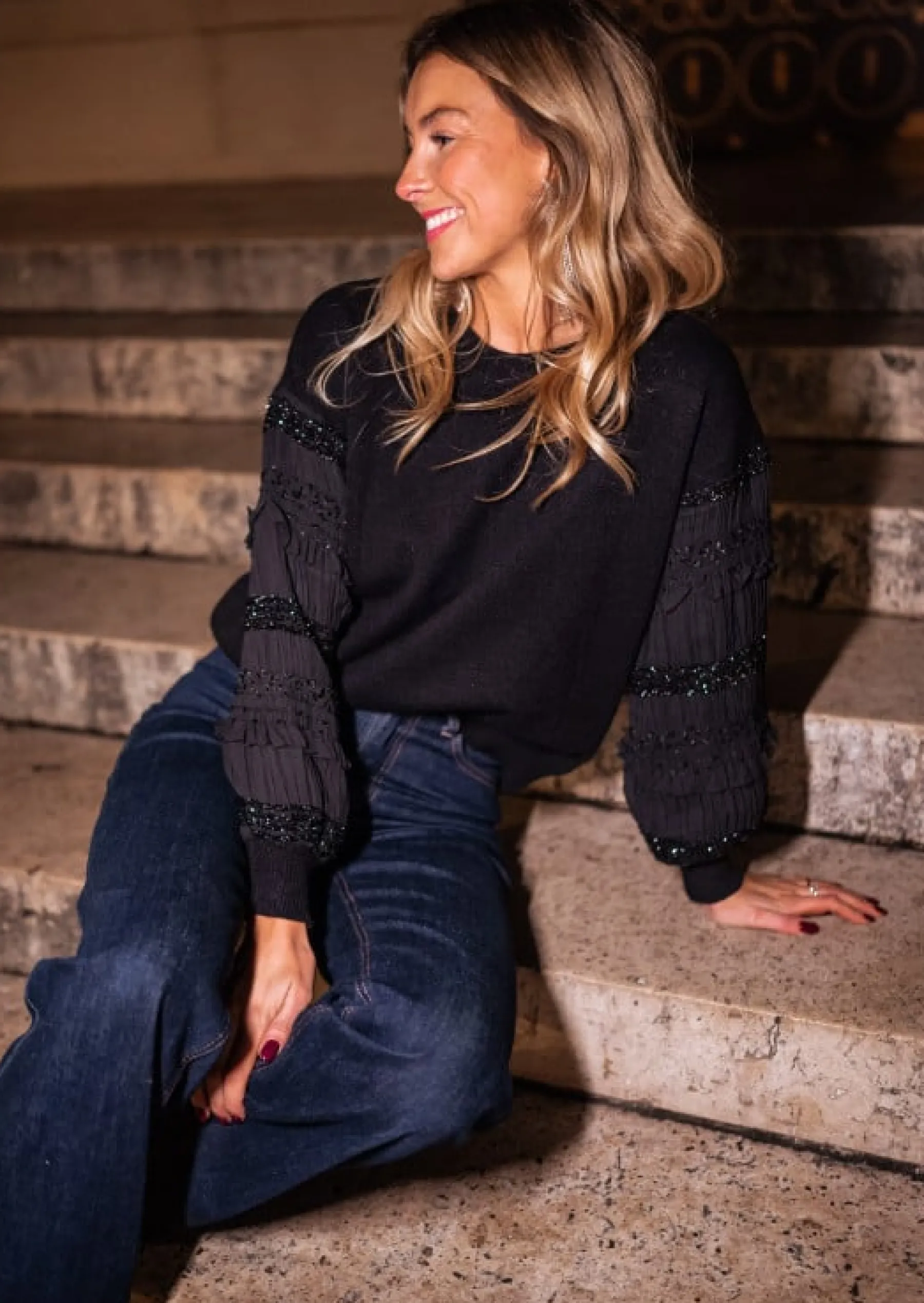 Pulls & Gilets-EASY-CLOTHES Pull Noir - Davia - Manches PaillettesEasy Clothes Noir