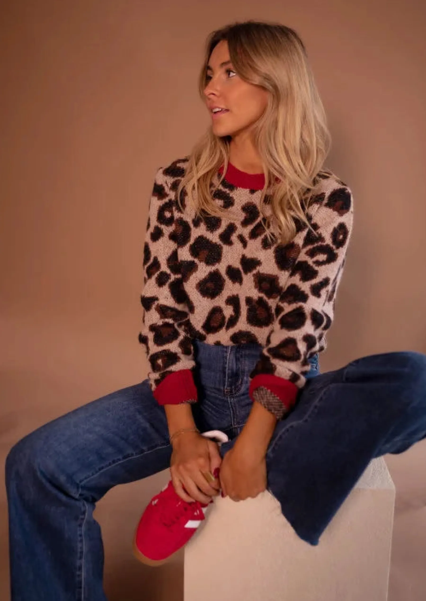 Pulls & Gilets-EASY-CLOTHES Pull Riley - Léopard & Rouge - Col RondEasy Clothes Léopard et rouge