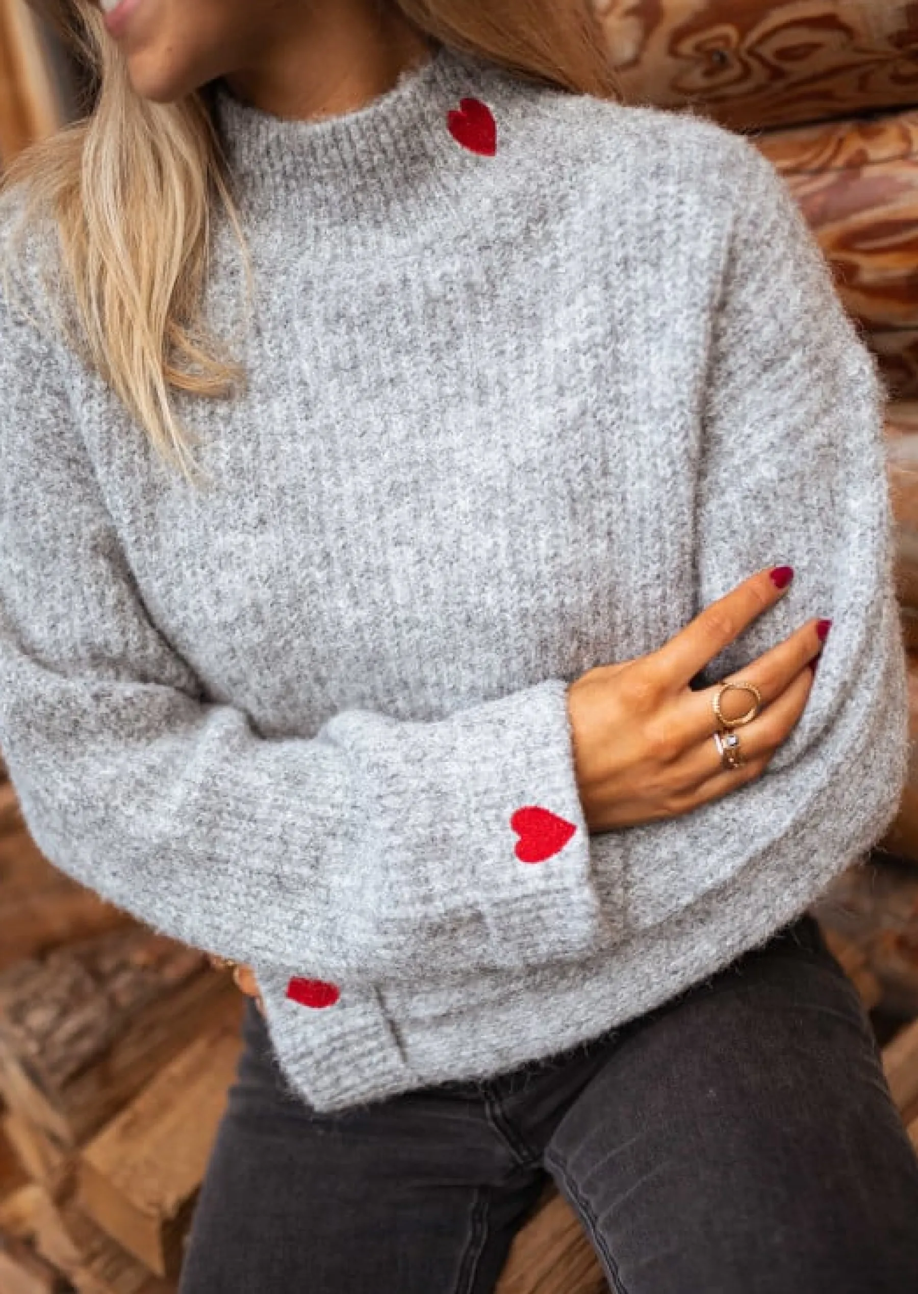Pulls & Gilets-EASY-CLOTHES Pull Soline - Gris - Avec CoeursEasy Clothes Gris à coeurs