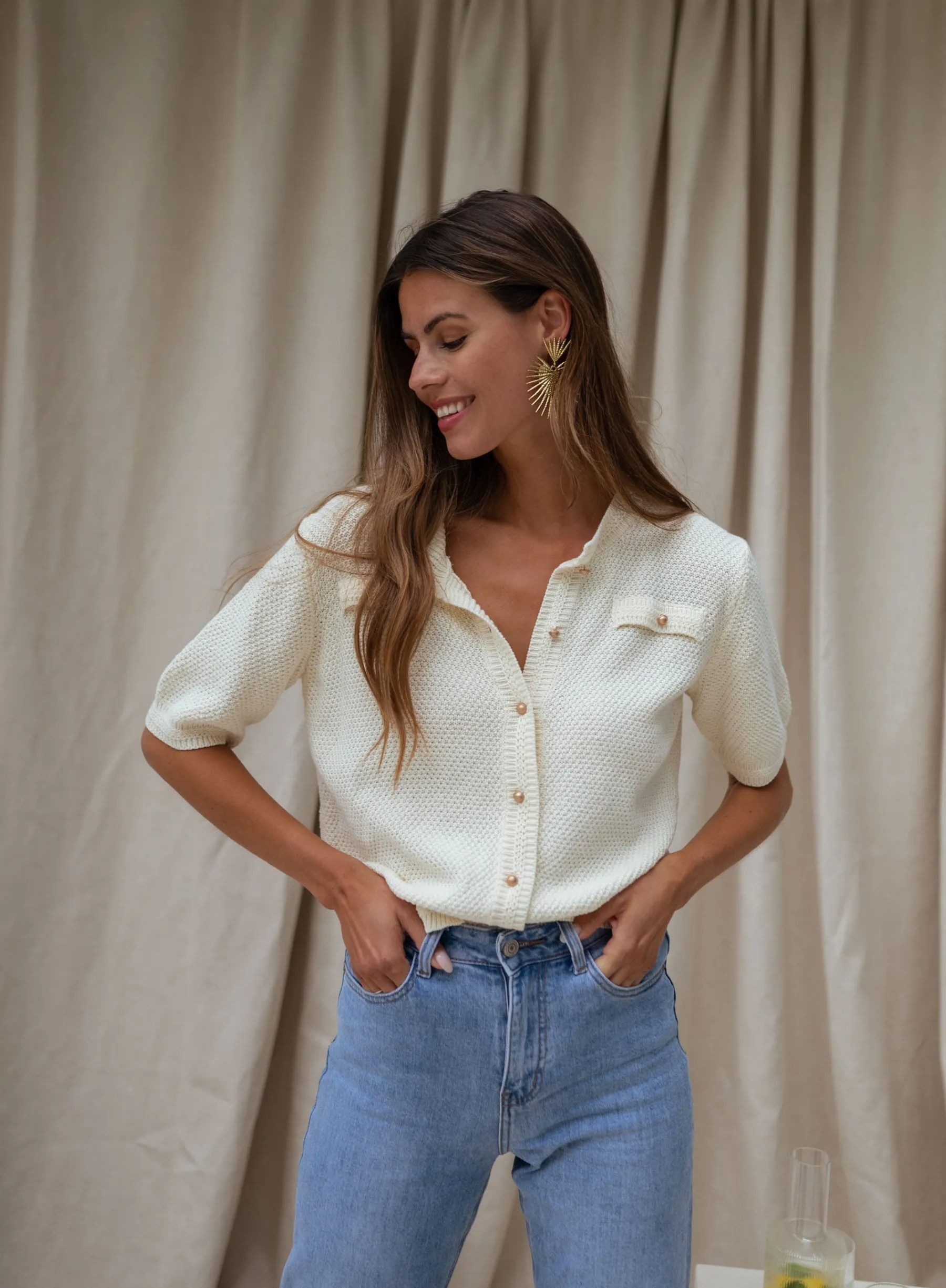 Pulls & Gilets-EASY-CLOTHES Pull Sophie - à manches courtes écruEasy Clothes À manches courtes écru