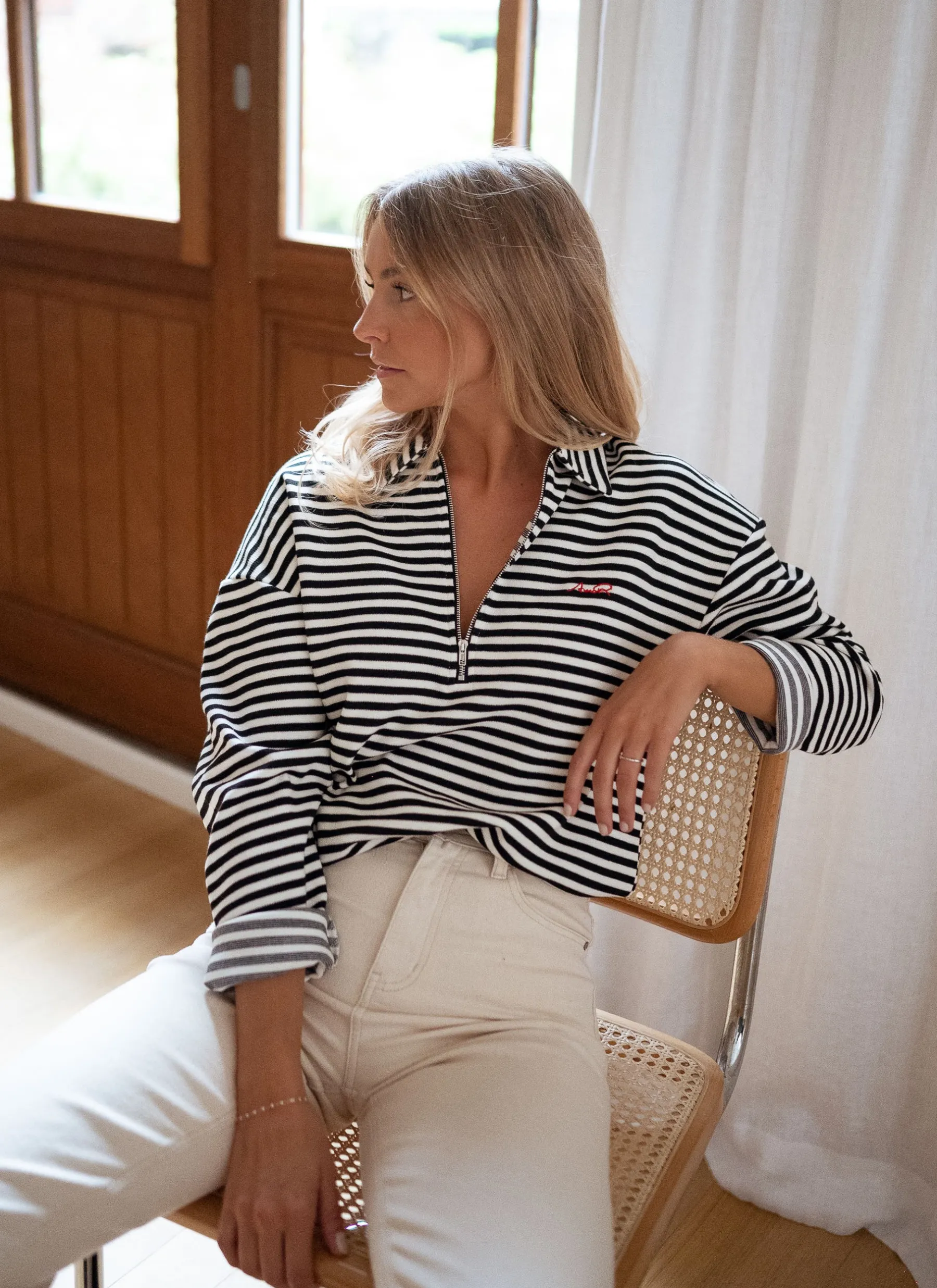 Pulls & Gilets-EASY-CLOTHES Pull Yvette ligné - noir et écruEasy Clothes Noir et écru