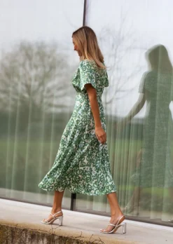 Robes-EASY-CLOTHES Robe Adena verte à motifs | Robe midi à motifs | Prêt-à-porter en ligne | Easy Clothes Verte à motifs