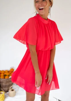 Robes-EASY-CLOTHES Robe Amandine framboise | Robe courte col montant | Prêt-à-porter en ligne | Easy Clothes Framboise