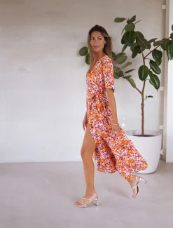 Robes-EASY-CLOTHES Robe Asma - orange à fleursEasy Clothes Orange à fleurs