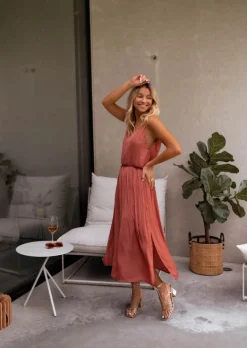 Robes-EASY-CLOTHES Robe Dalie brique | Robe midi de cocktail | Prêt-à-porter en ligne | Easy Clothes Brique       
