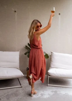 Robes-EASY-CLOTHES Robe Dalie brique | Robe midi de cocktail | Prêt-à-porter en ligne | Easy Clothes Brique