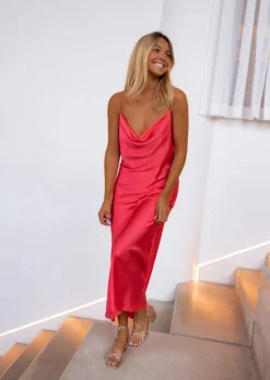 Robes-EASY-CLOTHES Robe Delly corail | Robe longue satinée | Prêt-à-porter en ligne | Easy Clothes Corail